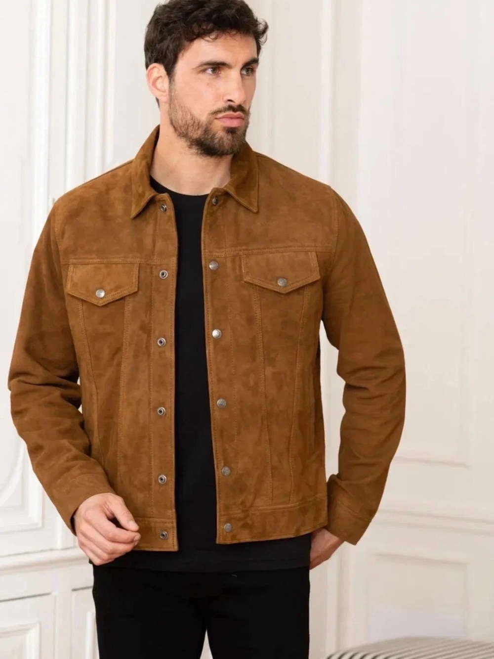 Men's Suede Shirt Jacket in Cognac Brown